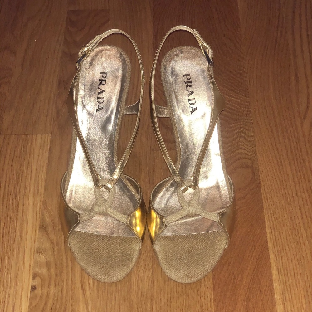 Prada gold wedge basket weave heel sandal 38 1/2
